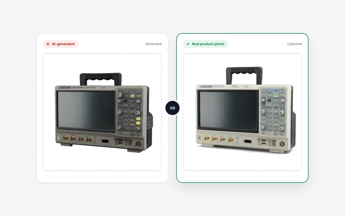 AI-generated image vs real product photo of the same oscilloscope, side by side