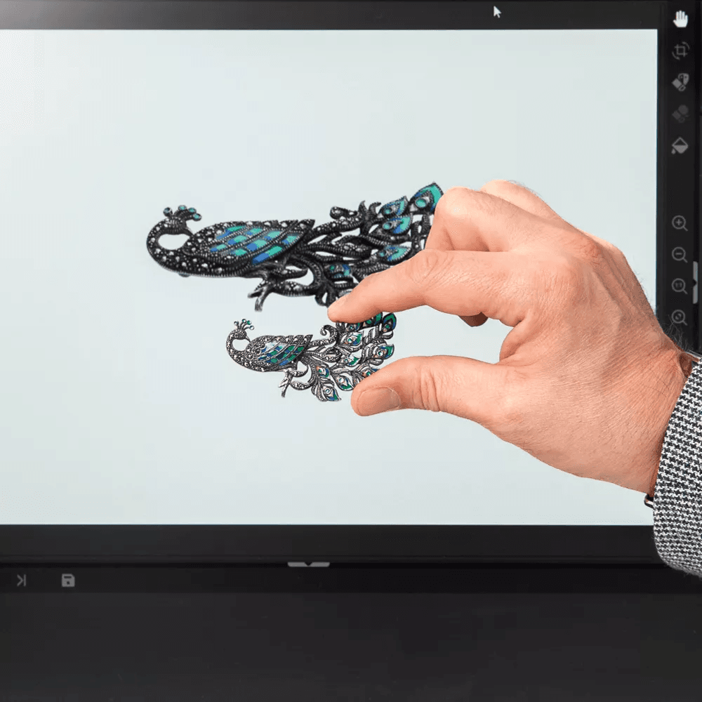 Hand holding jewelry in front of a screen with Orbitvu software