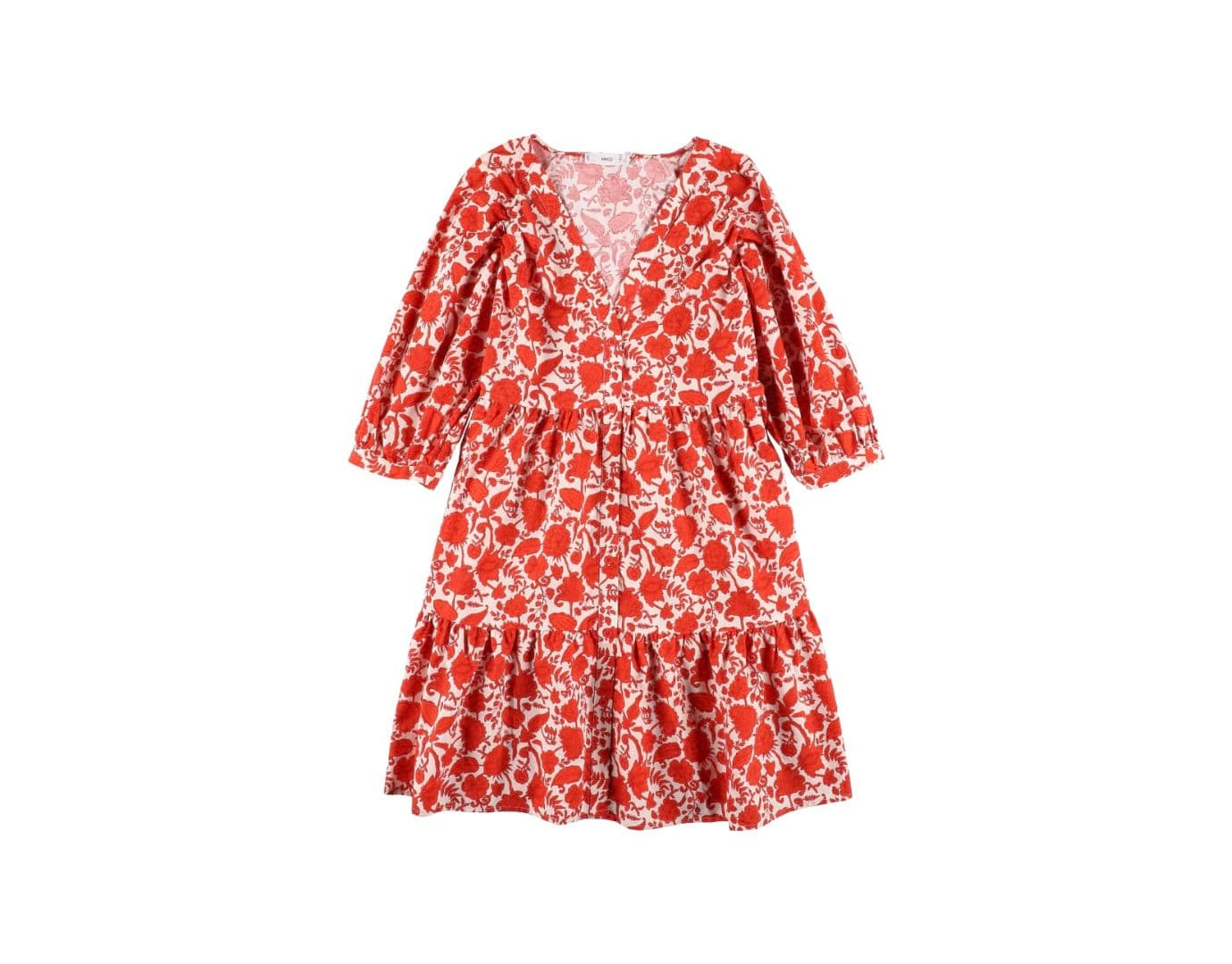 Women's red and white floral print tiered dress