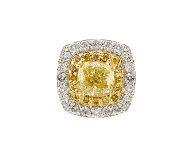 Fancy yellow diamond cushion cut halo ring top view