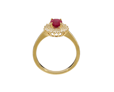 Yellow gold oval ruby diamond halo ring