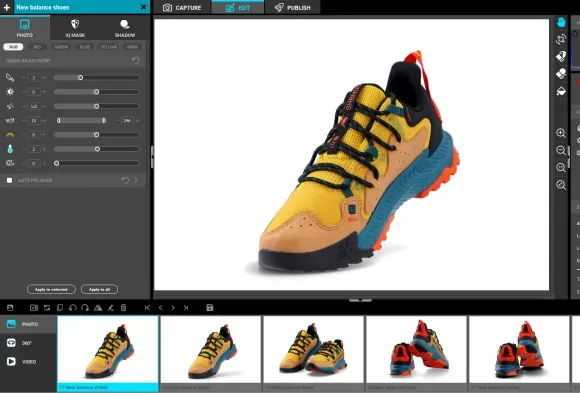 Image Editing Interface for Yellow New Balance Trail Shoes