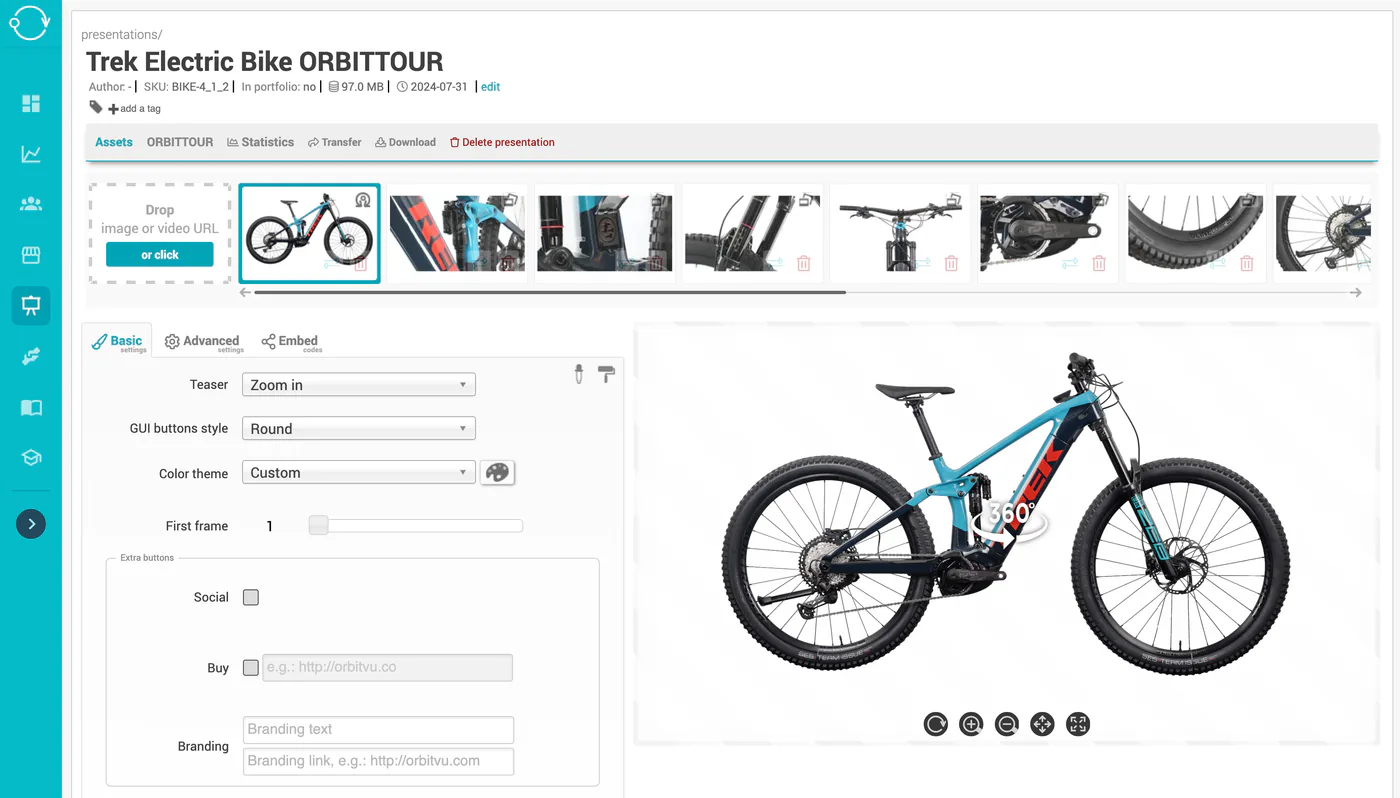 Orbitvu Cloud product tour editor with a 360° bike spin
