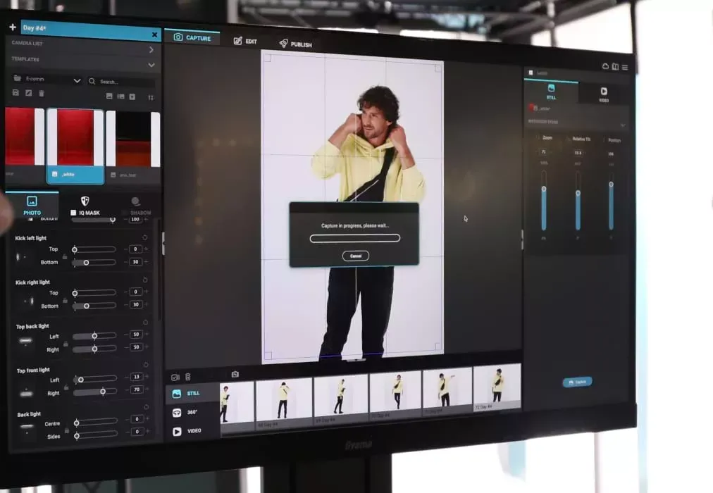Capturing 360 Spin of Male Model in Yellow Hoodie on Monitor
