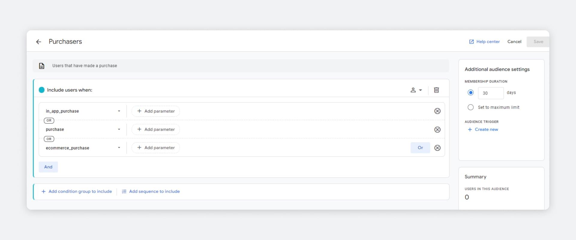 Google Analytics 4 screenshot of creating an audience