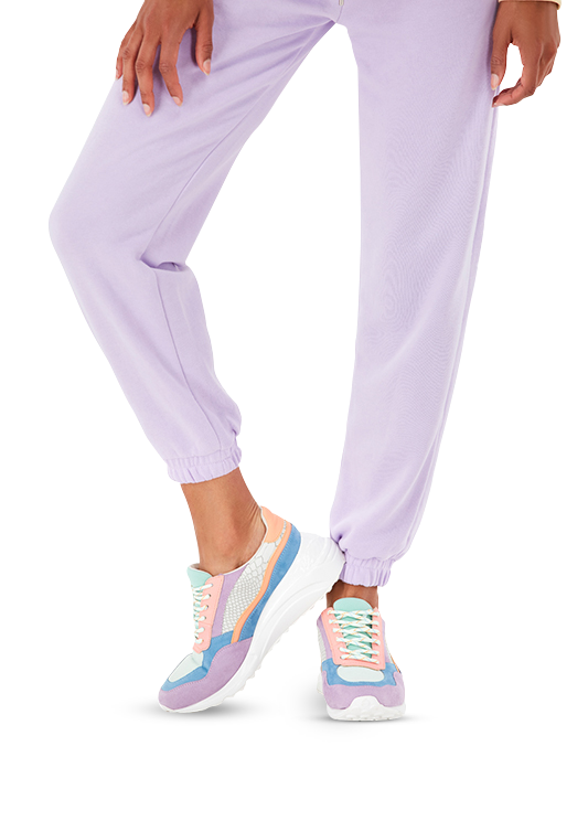 Pastel Lilac Joggers and Multicolor Trainers