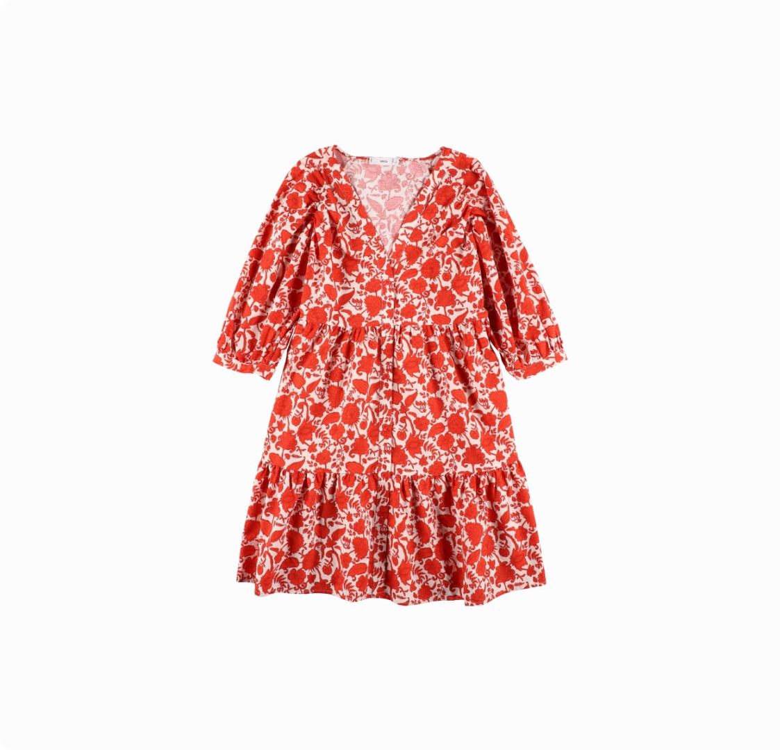 Mango Red and White Floral Print Tiered Mini Dress