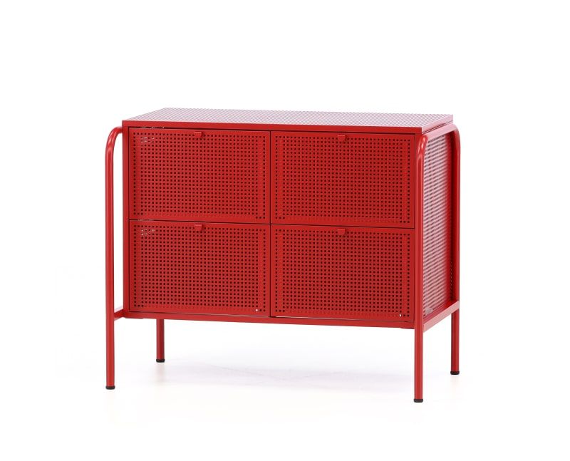 Red Metal Four-Drawer Chest with Perforated Doors