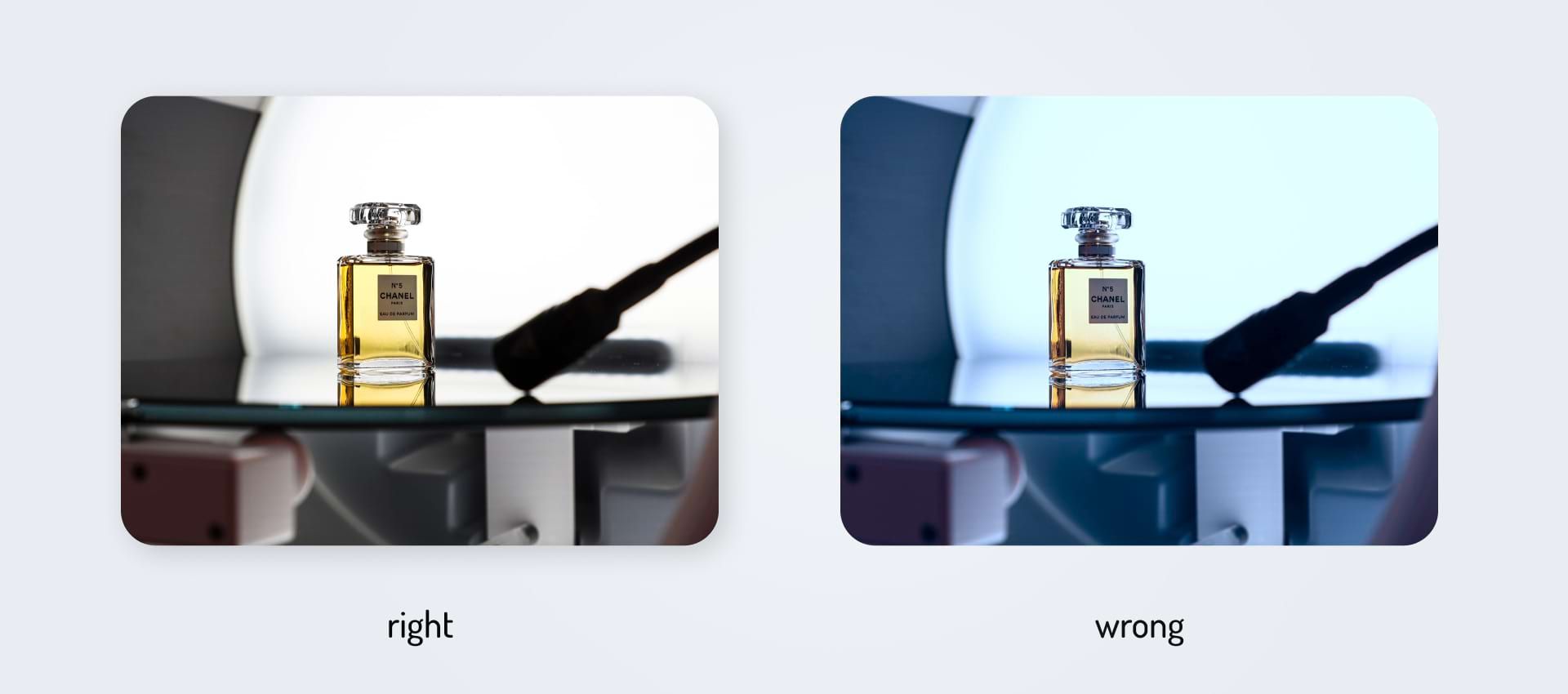Two photos illustrating two ways to correct white balance in product photography. The left photo is done correctly, the right image is done badly. Two photos illustrating two ways to correct white balance in product photography. The left photo is done correctly, the right image is done badly.