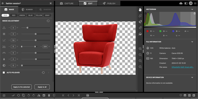 Sofa chair captured in Orbitvu Station software