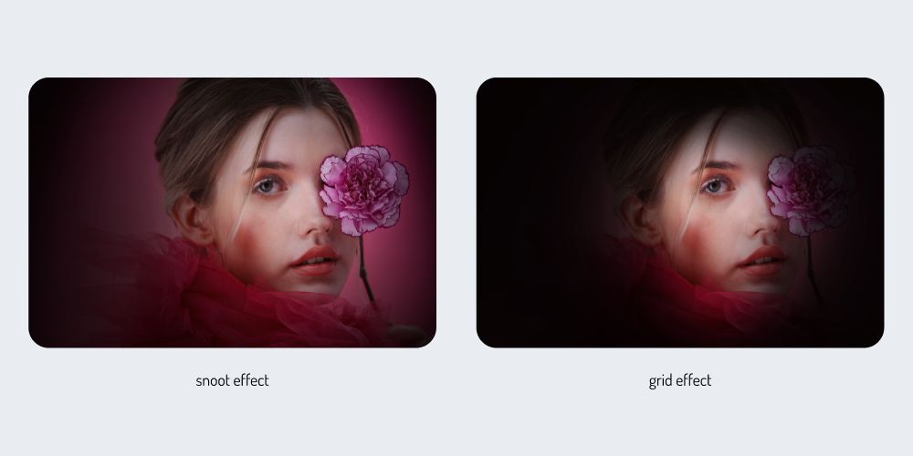 Two images - one with the snoot effect and the other with the grid effect. Two images - one with the snoot effect and the other with the grid effect.