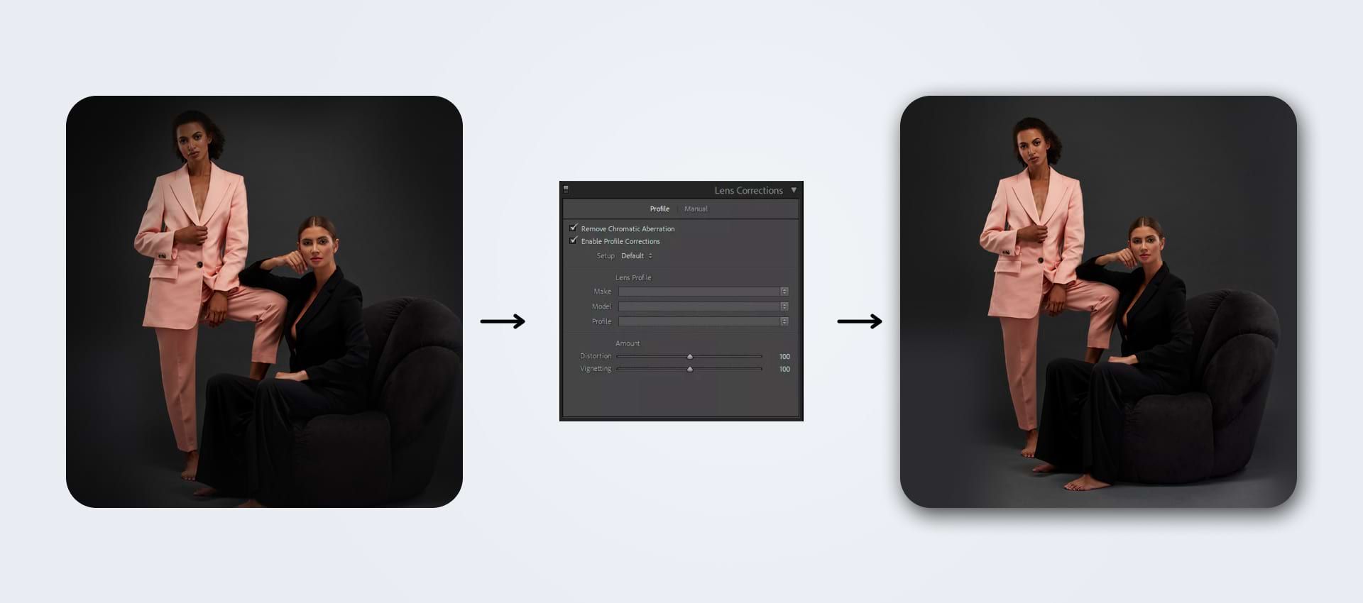 Two photos illustrating the before and after effect of the lens correction Two photos illustrating the before and after effect of the lens correction