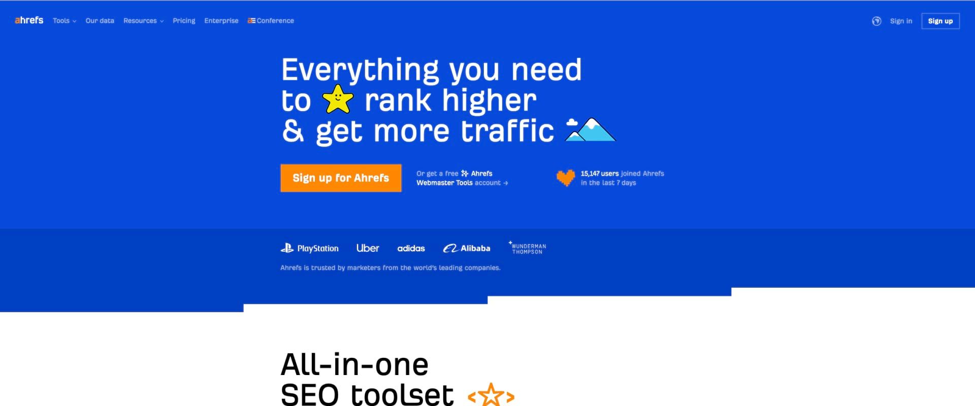 Screenshot of Ahrefs website, main page Screenshot of Ahrefs website, main page