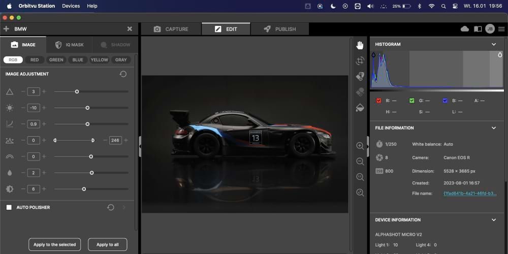 Screenshot of Orbitvu Station’s Edit tab with a product on a black background.