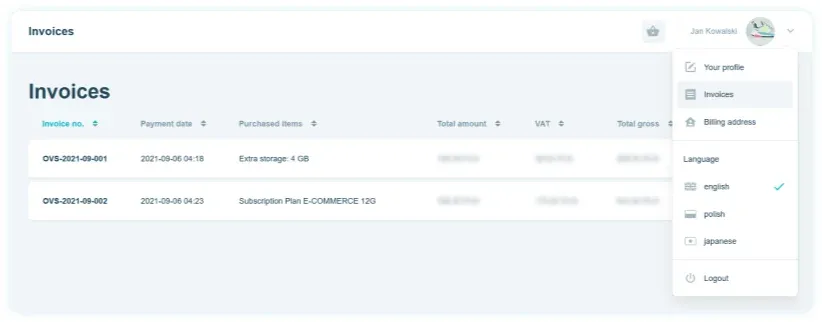 Orbitvu SUN - invoices screen Orbitvu SUN - invoices screen