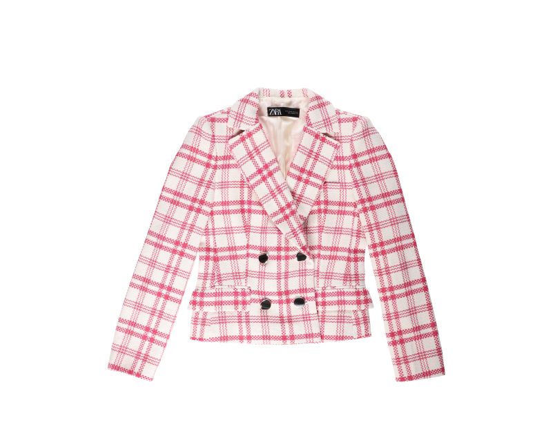 Pink and White Plaid Double-Breasted Blazer