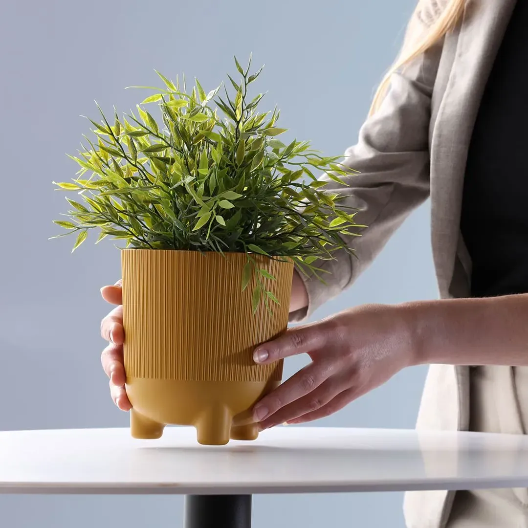 Hands Placing Plant in Mustard Yellow Planter