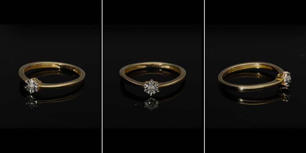 A product on a glossy black background captured from various angles - rendering a different product reflection.