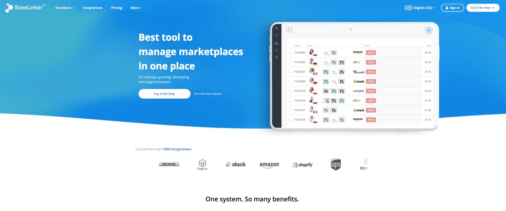 Screenshot of Baselinker website, main page Screenshot of Baselinker website, main page