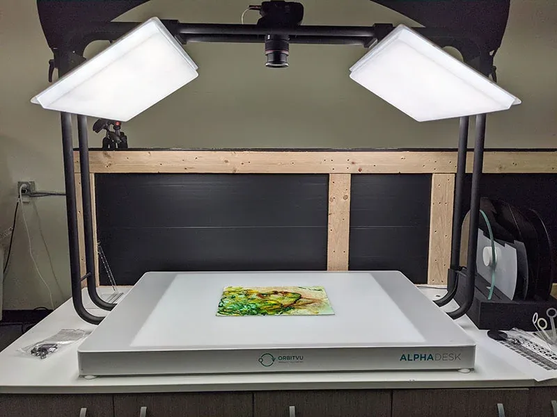 Small artwork photography set-up using Orbitvu’s automated flat-lay photography system: Alphadesk