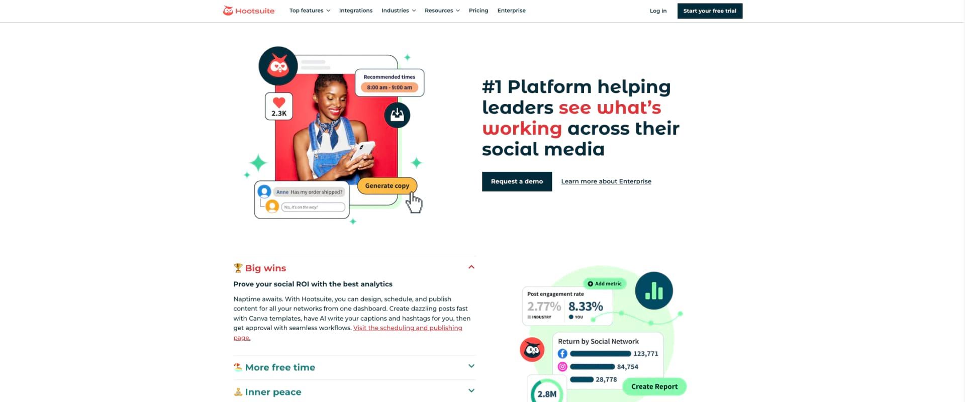 Screenshot of Hootsuite website, main page Screenshot of Hootsuite website, main page
