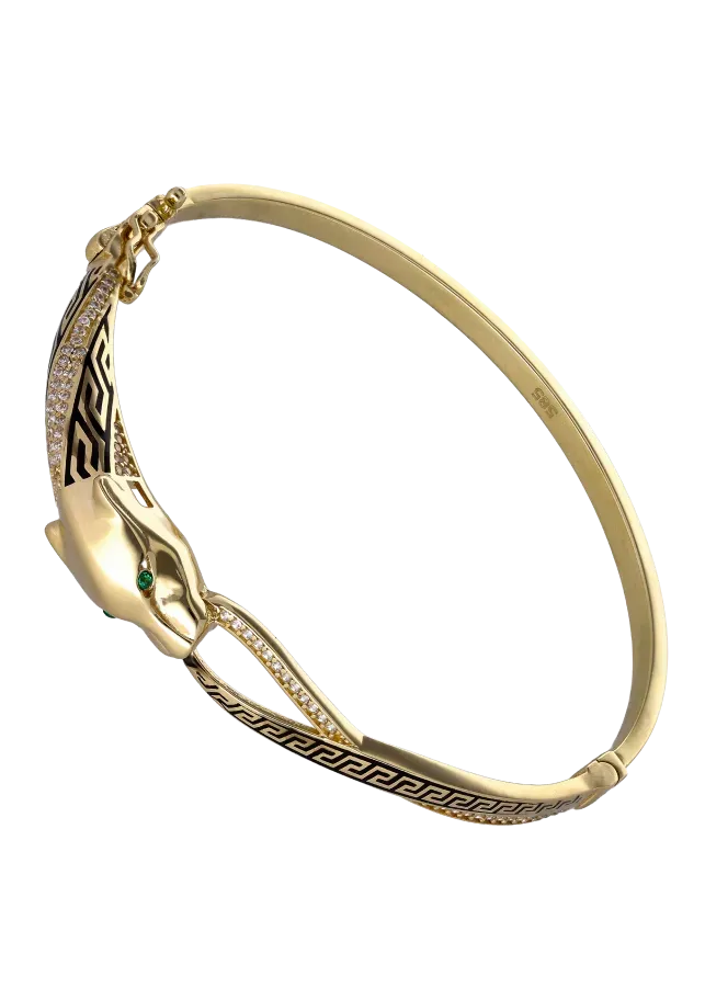 Gold Panther Head Bangle Bracelet Green Eyes Diamonds Enamel