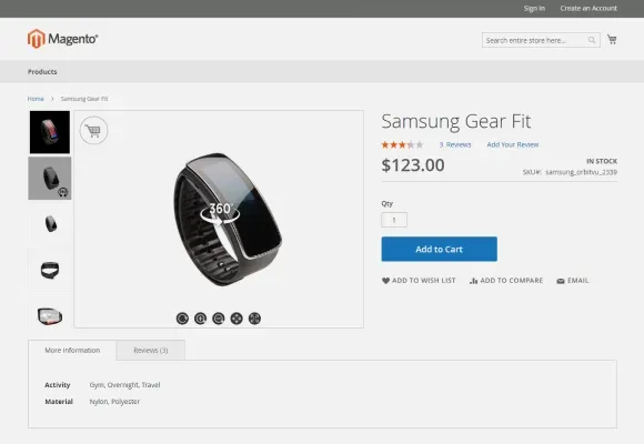 Samsung Gear Fit Product Page with 360 View on Magento