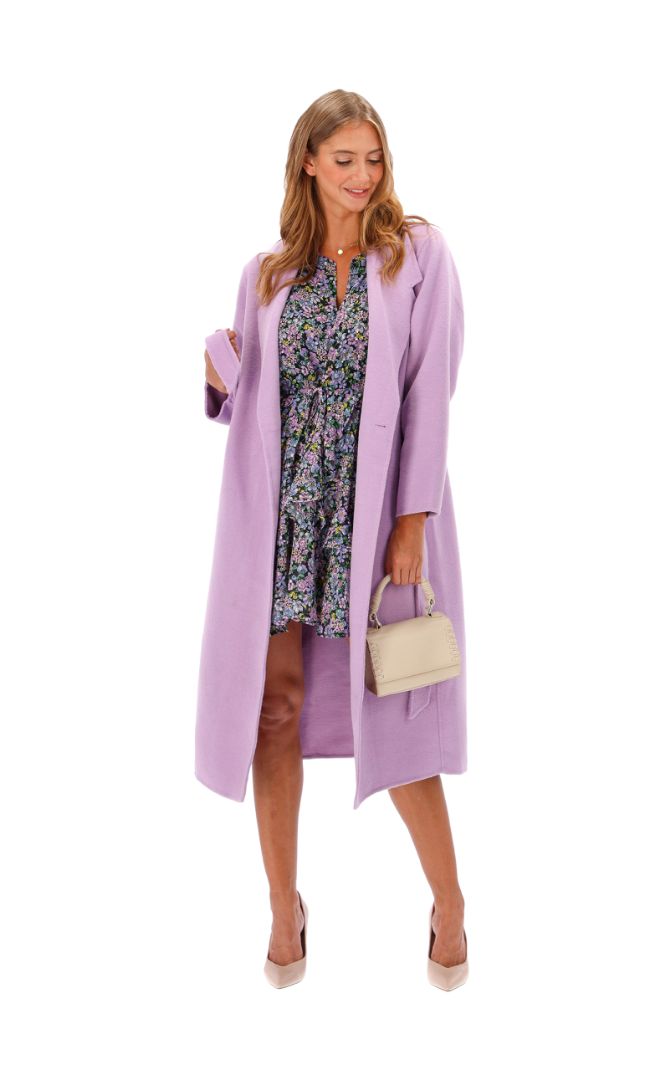 Woman Wearing Lavender Wrap Coat and Floral Mini Dress