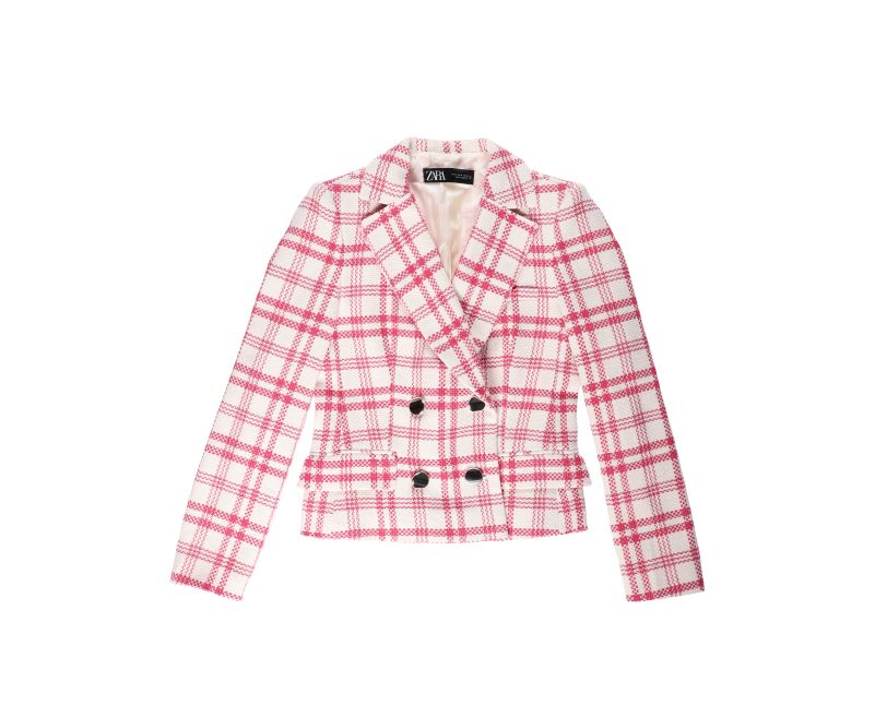 Women's Pink and White Plaid Double-Breasted Blazer.
