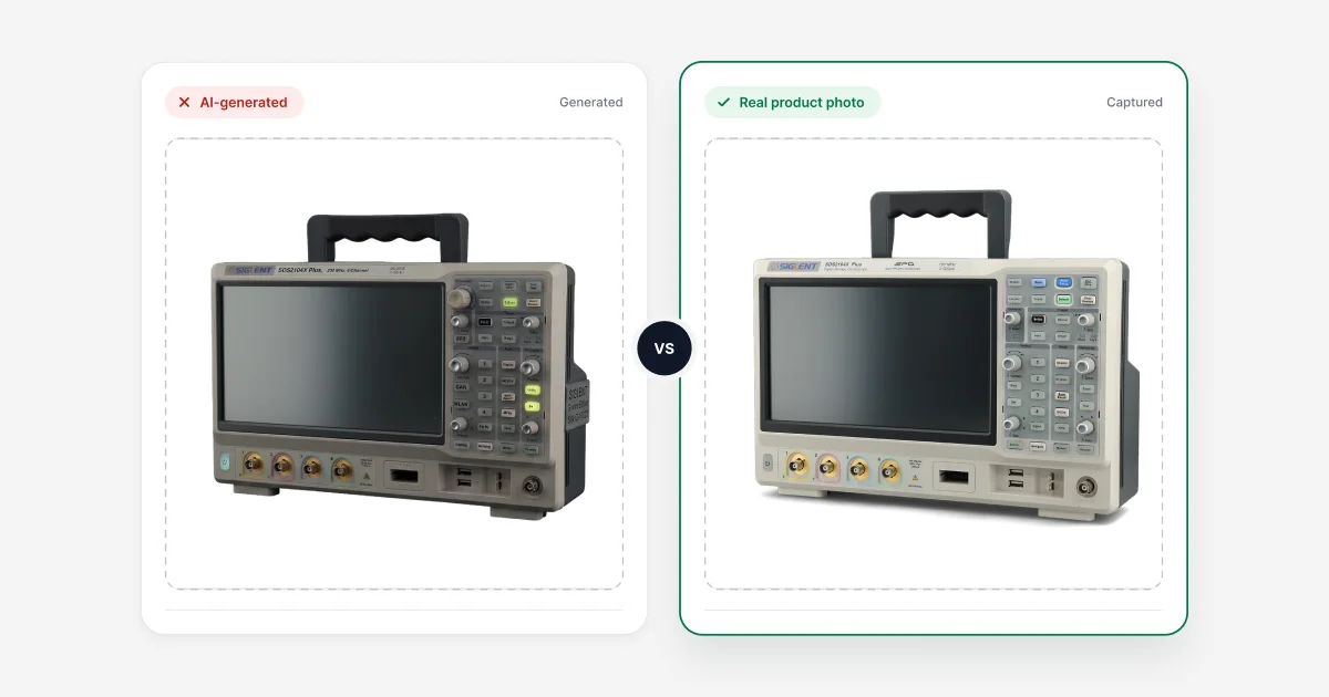 AI-generated image vs real product photo of the same oscilloscope, side by side