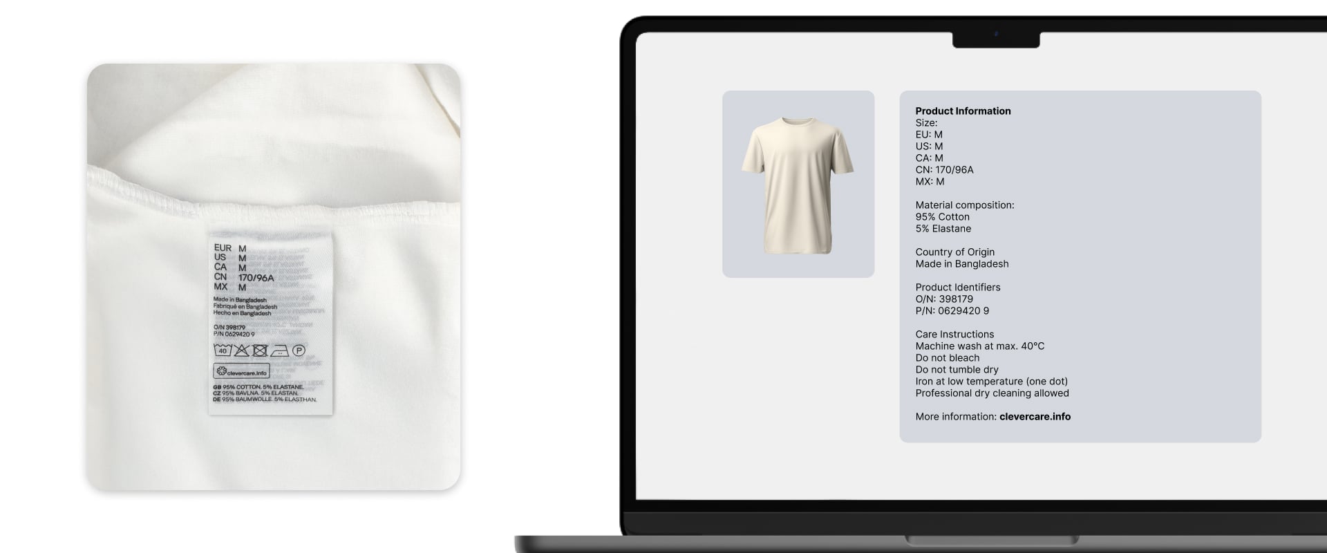 Clothing label and the same information shown on a product page according to GPSR 2023/988
