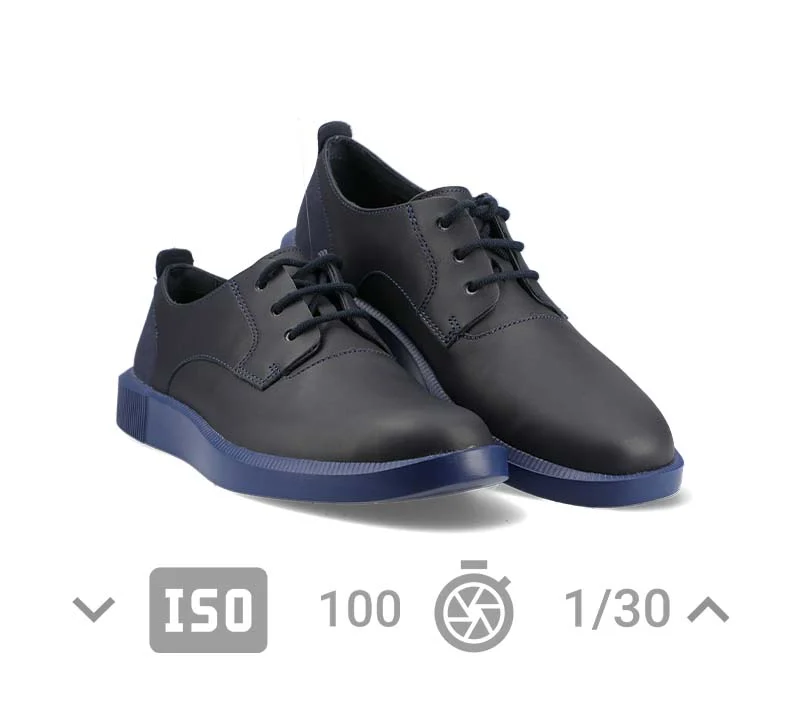 Example shoe packshot with camera settings indicated
