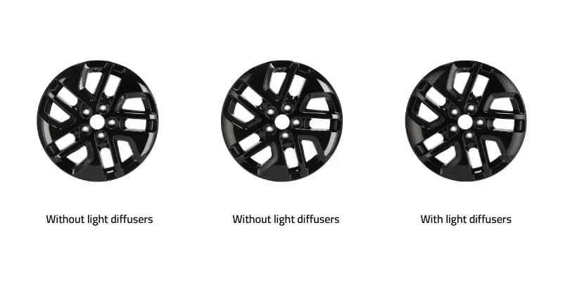 Car rim photographed without and with light diffusers