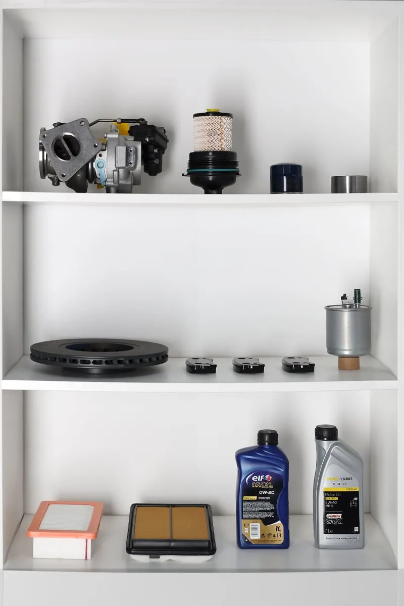 Spare parts sorted by category on shelves