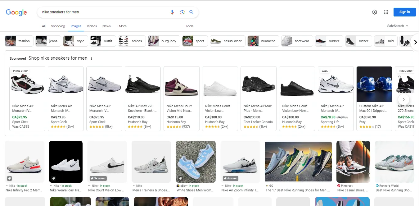 Products listed on Google Image