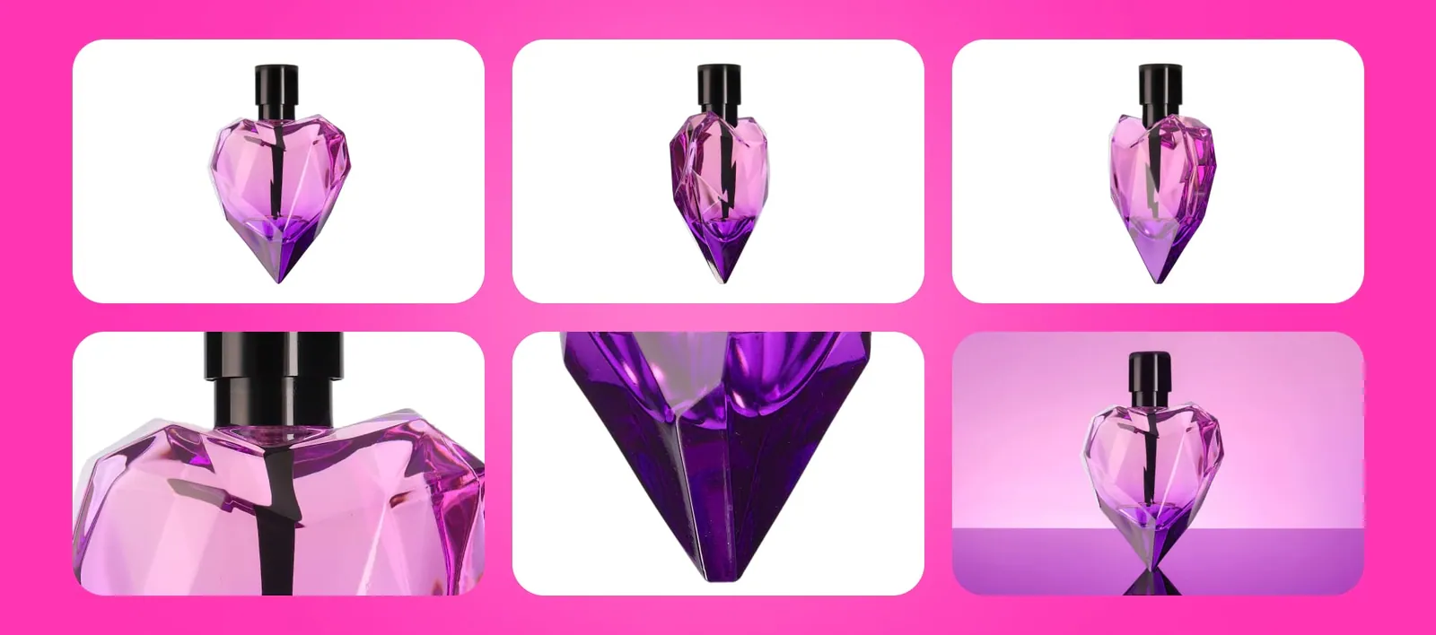 A perfume bottle from various perspectives