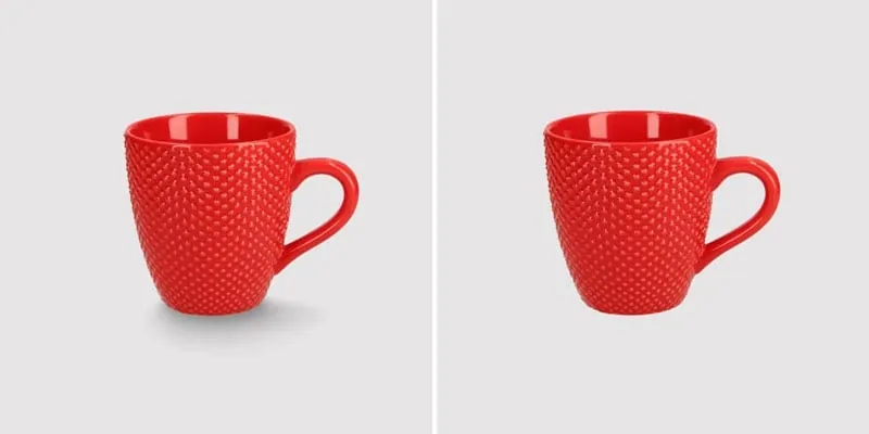Red mug product photo with and without natural shadow