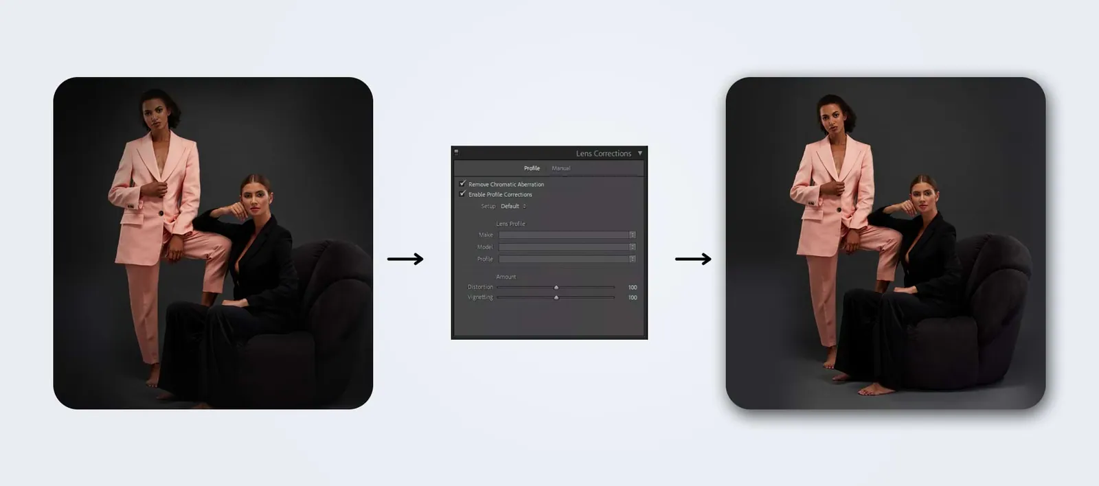Two photos illustrating the before and after effect of the lens correction