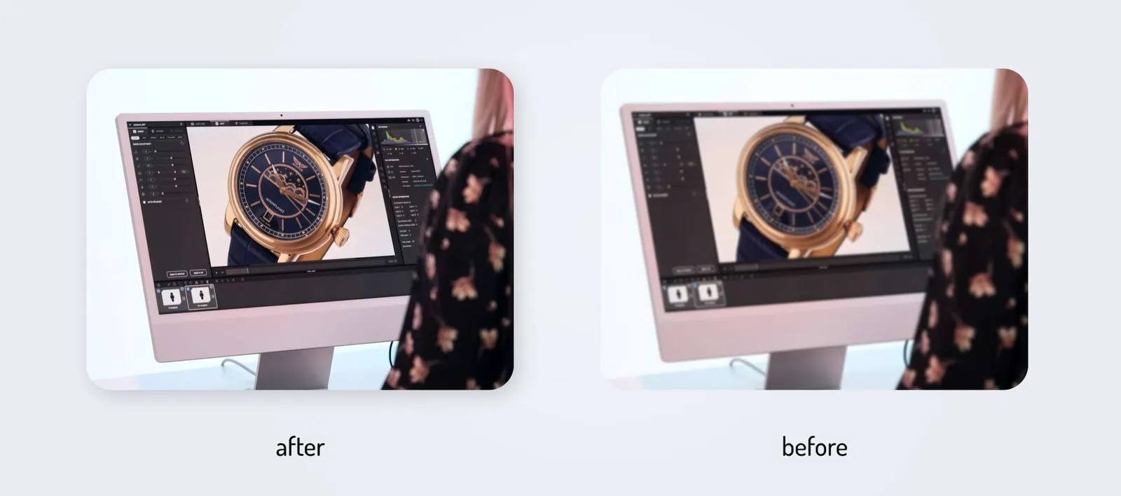 The before and after photos of sharpness correction and noise reduction in post-production