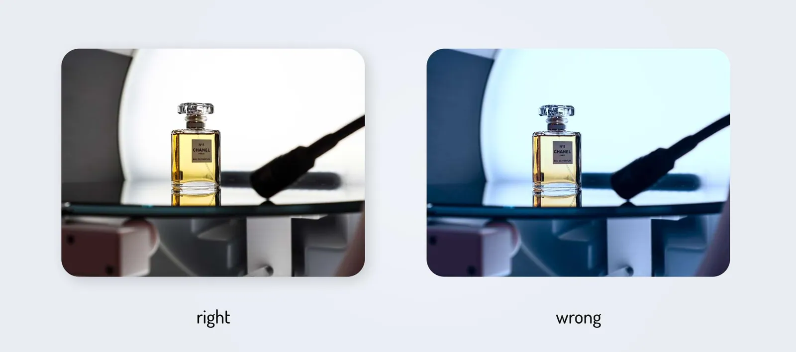 Two photos illustrating correct and incorrect white balance in product photography