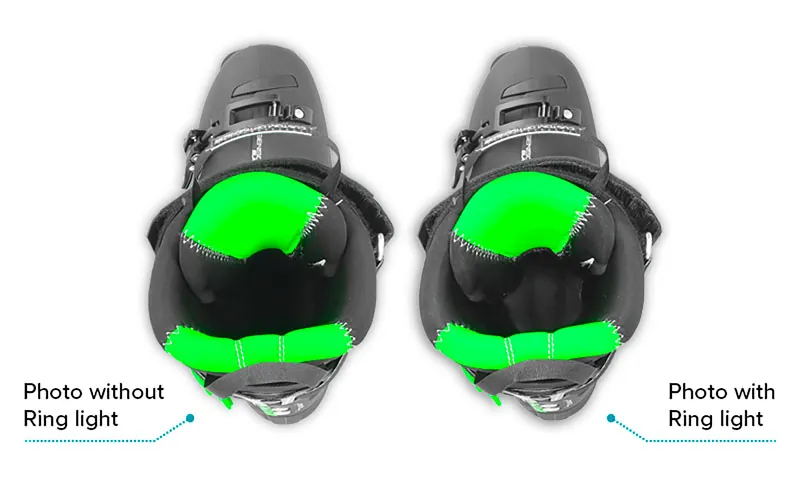 Ski boots photographed without and with the ring light
