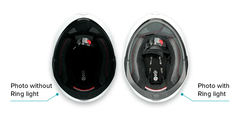 Motorcycle helmets photographed without and with the ring light
