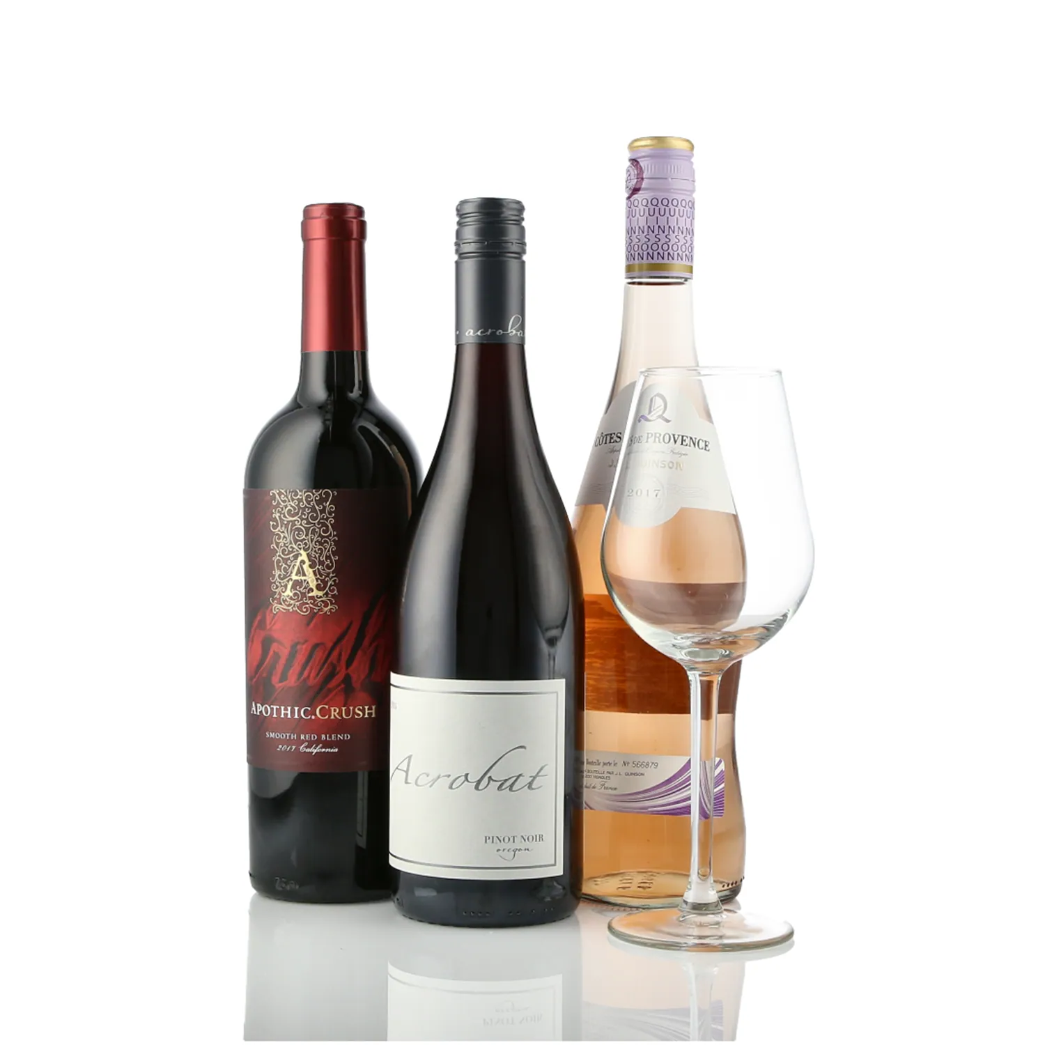 Wine ecommerce image with three bottles and a wine glass on a white background