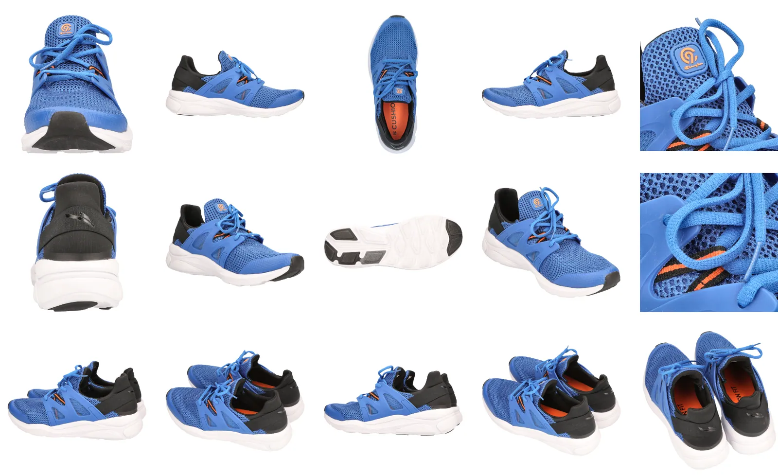 Blue sneakers photographed from multiple camera angles