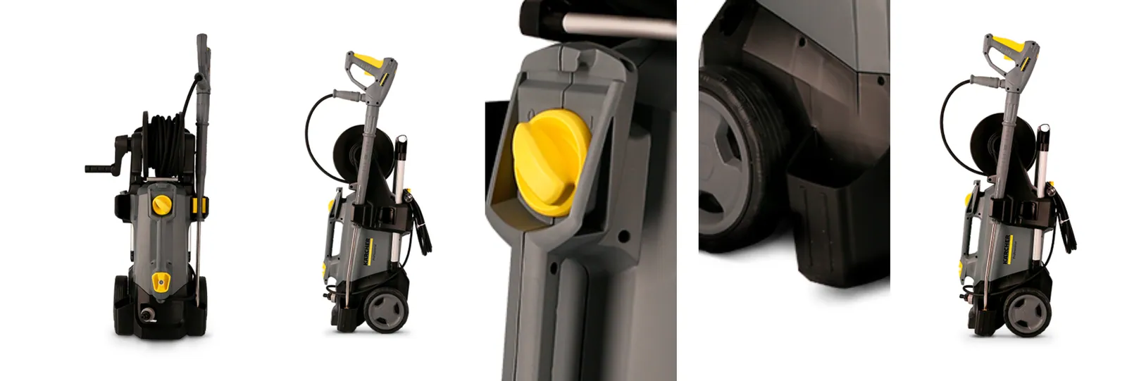 Karcher pressure washer product detail photos showing front, side, wheel and button views