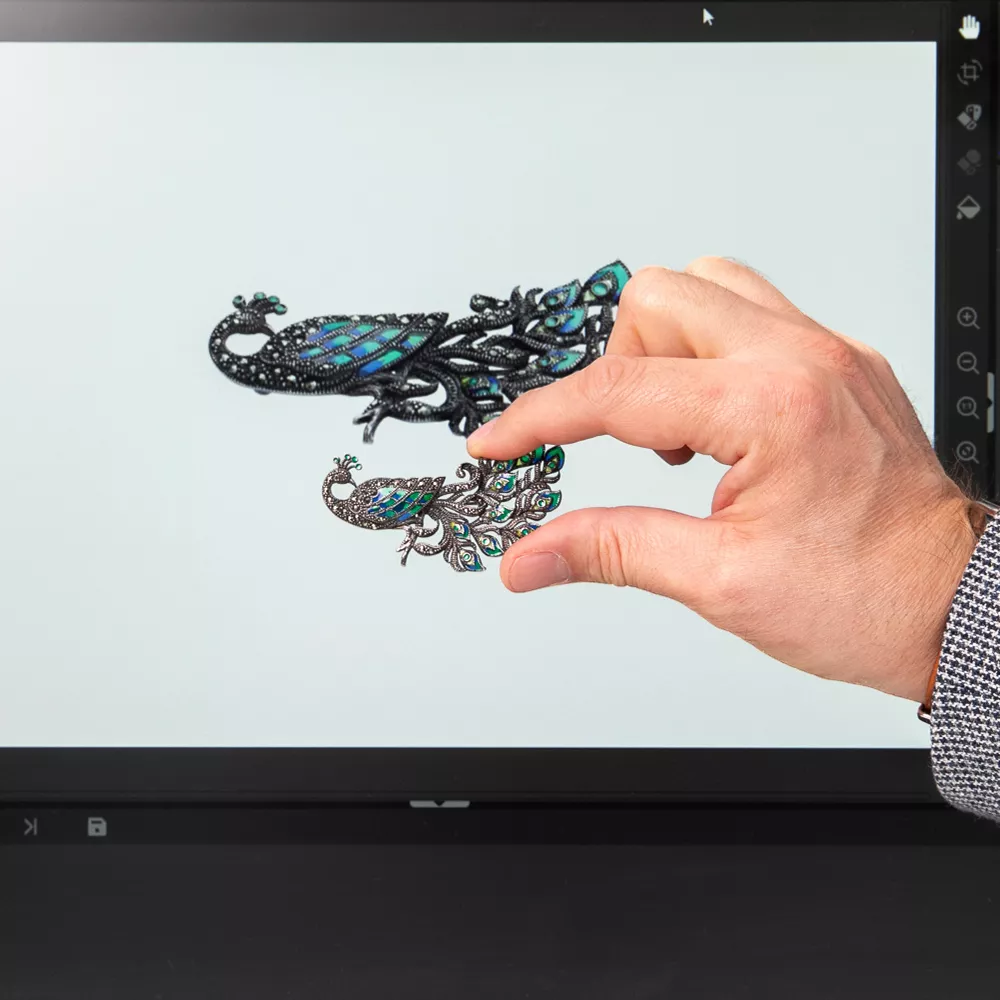 Hand holding jewelry in front of a screen with Orbitvu software