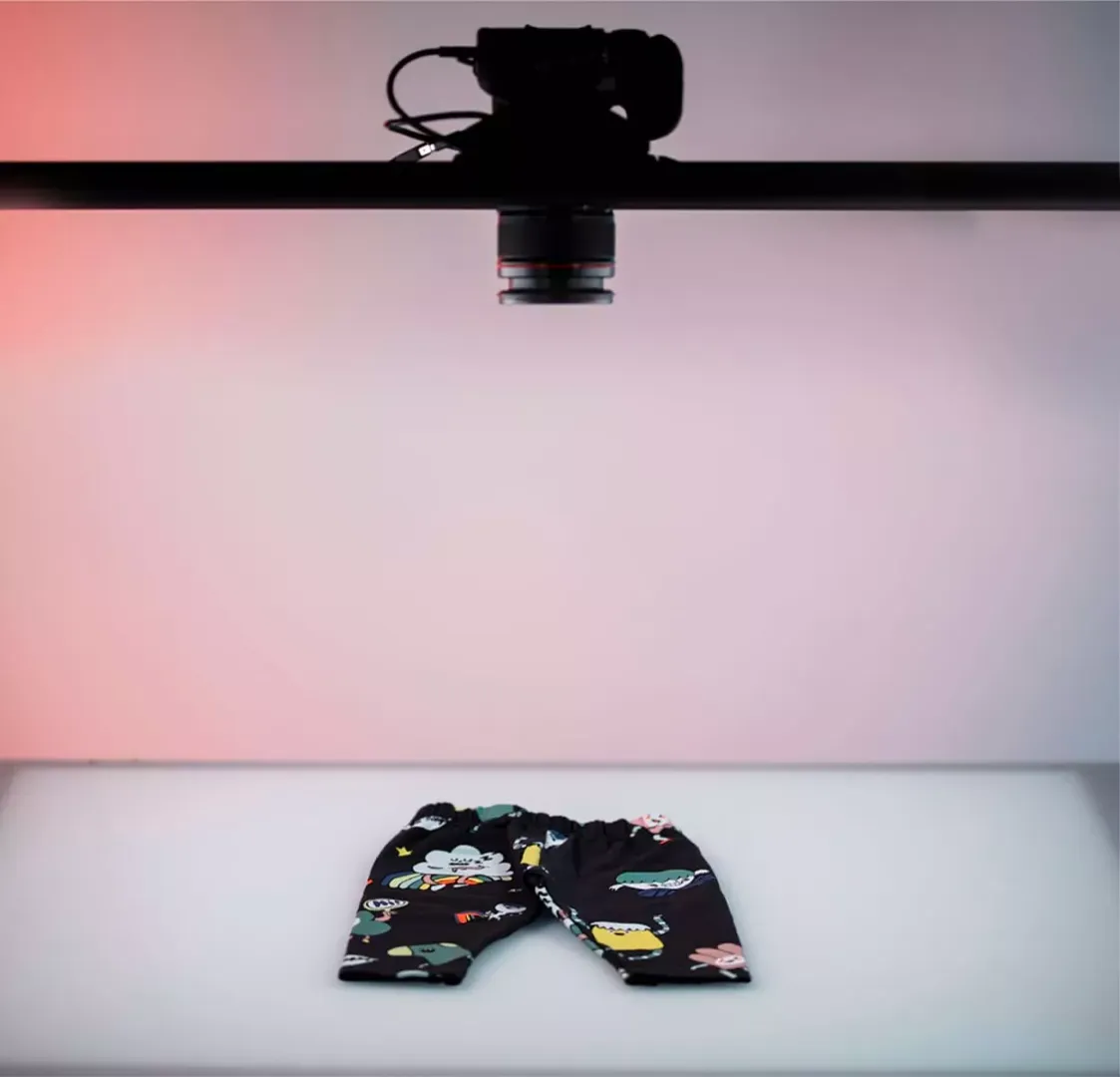 Overhead camera flat-lay photography setup in Orbitvu studio