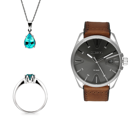 jewelry product photography: nackle, ring, watch